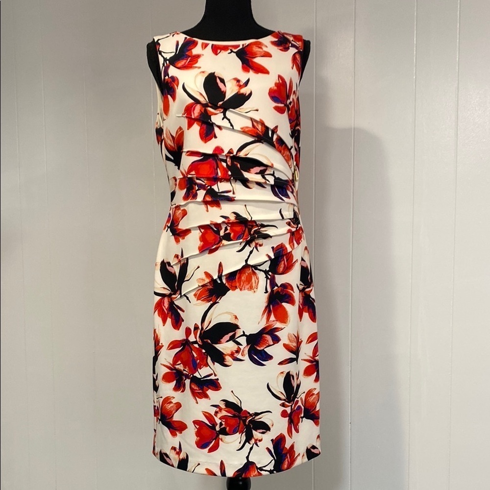 Ivanka Trump Dress Midi Sleeveless Ruched Gold Zipper Floral Red Black Size 12